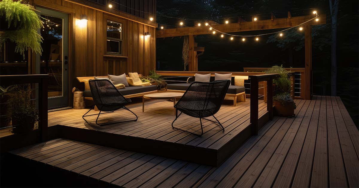 Wooden deck with lighting and lounge at night